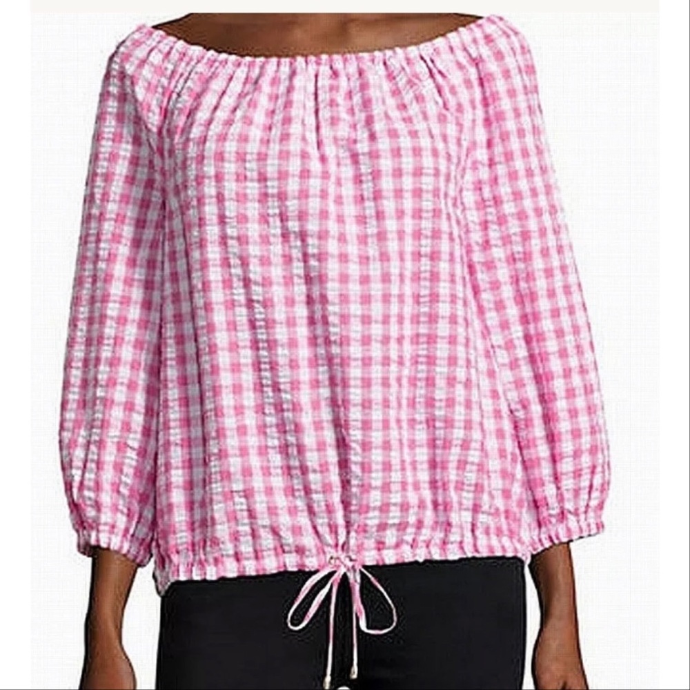 IMNYC Gingham Draw Hem Off Shoulder Top Size XS